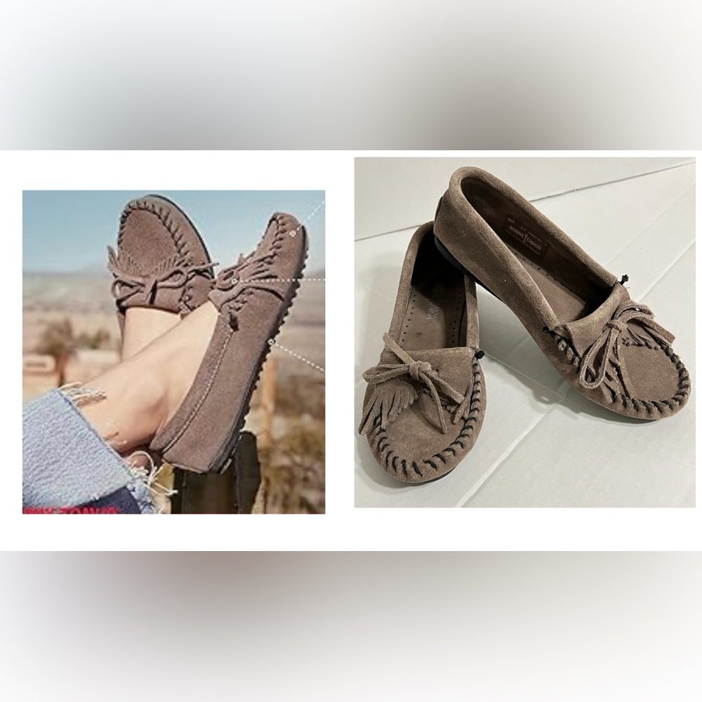 Minnetonka Taupe Kilty Suede Moccasins with Bow Hard sole Double Deerskin